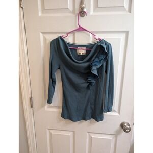Anthropologie Deletta Teal Waffle Knit Cowl Neck Ruffle 3/4 Sleeve Top - Size M
